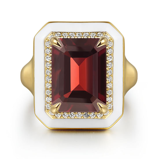 Gabriel - 14K Yellow Gold Diamond and Garnet Emerald Cut Ladies Ring With Flower Pattern J-Back and White Enamel