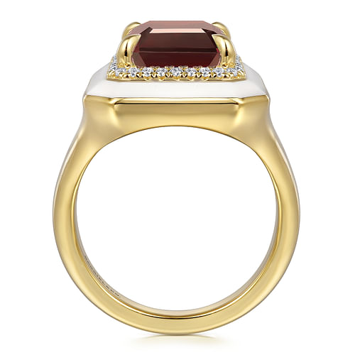 14K Yellow Gold Diamond and Garnet Emerald Cut Ladies Ring With Flower Pattern J-Back and White Enamel