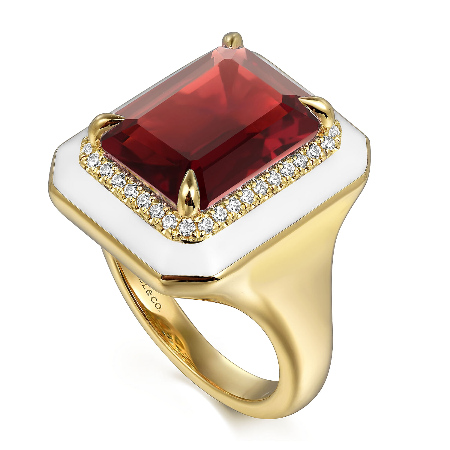 14K Yellow Gold Diamond and Garnet Emerald Cut Ladies Ring With Flower Pattern J-Back and White Enamel