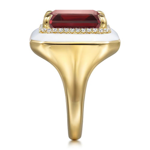 14K Yellow Gold Diamond and Garnet Emerald Cut Ladies Ring With Flower Pattern J-Back and White Enamel