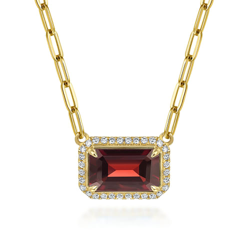 14K Yellow Gold Diamond and Garnet Emerald Cut Necklace With Flower Pattern Gallery