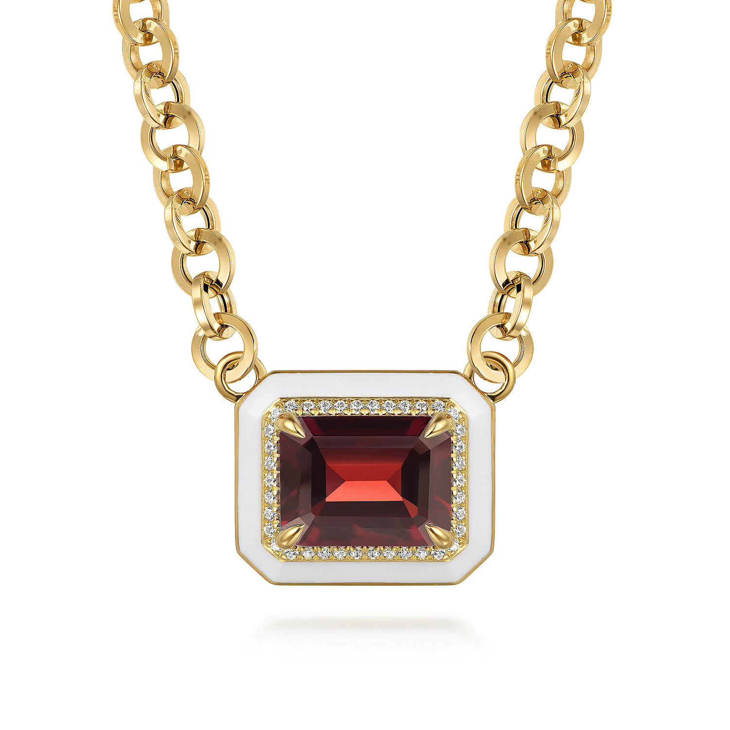 Gabriel - 14K Yellow Gold Diamond and Garnet Emerald Cut Necklace With Flower Pattern J-Back and White Enamel