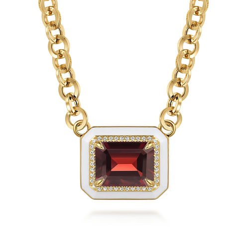 14K Yellow Gold Diamond and Garnet Emerald Cut Necklace With Flower Pattern J-Back and White Enamel