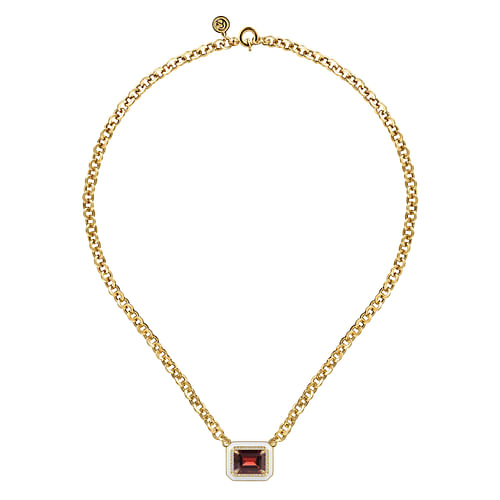 14K Yellow Gold Diamond and Garnet Emerald Cut Necklace With Flower Pattern J-Back and White Enamel