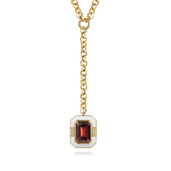 Gabriel - 14K Yellow Gold Diamond and Garnet Emerald Cut Y-Layer Necklace With Flower Pattern J-Back and White Enamel