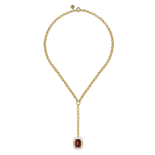 14K Yellow Gold Diamond and Garnet Emerald Cut Y-Layer Necklace With Flower Pattern J-Back and White Enamel