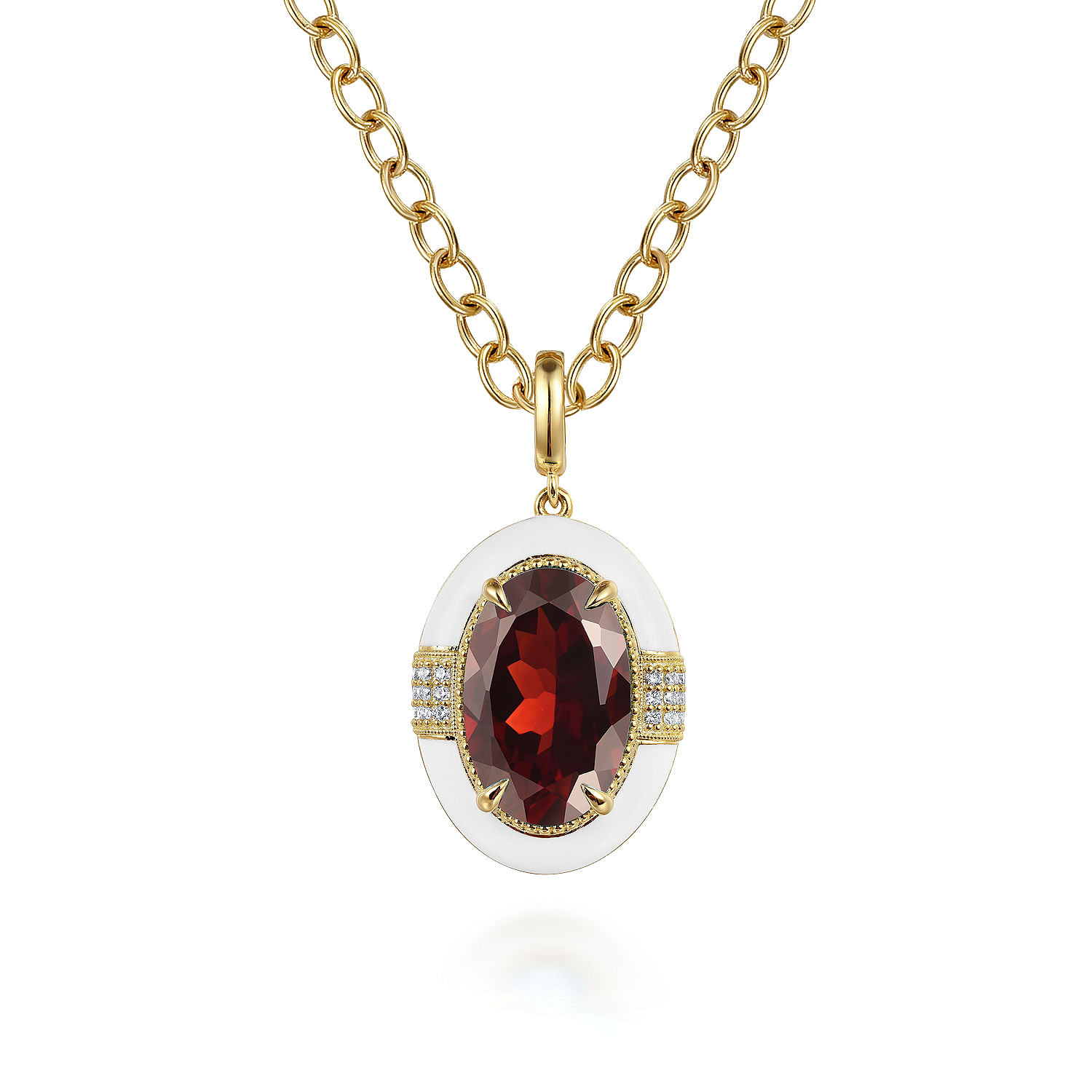 Gabriel - 14K Yellow Gold Diamond and Garnet Emerald Cut Y-Layer Necklace With Flower Pattern J-Back and White Enamel