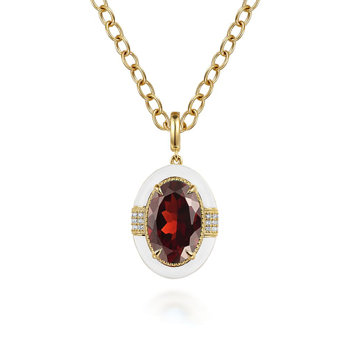 14K Yellow Gold Diamond and Garnet Emerald Cut Y-Layer Necklace With Flower Pattern J-Back and White Enamel