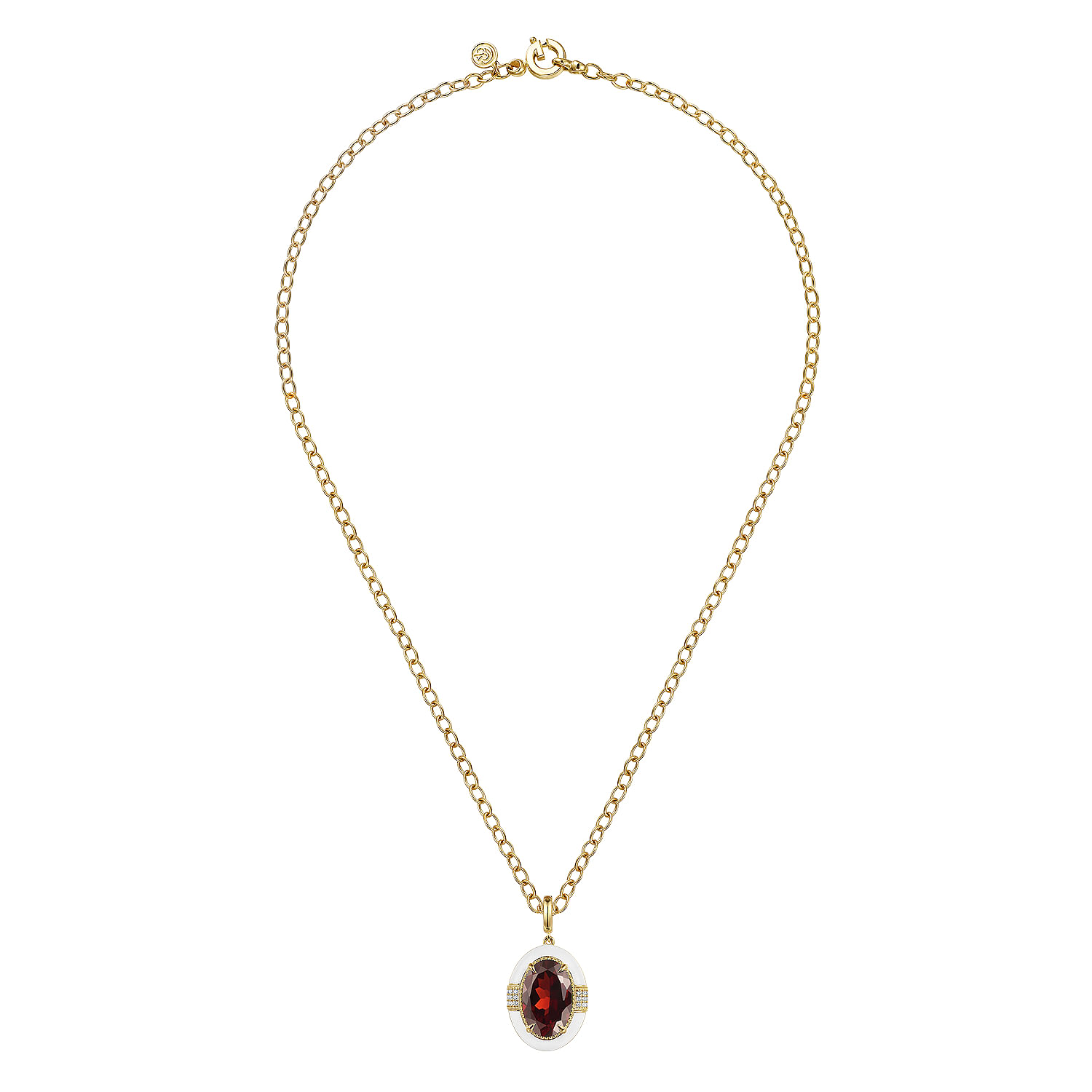 14K Yellow Gold Diamond and Garnet Emerald Cut Y-Layer Necklace With Flower Pattern J-Back and White Enamel