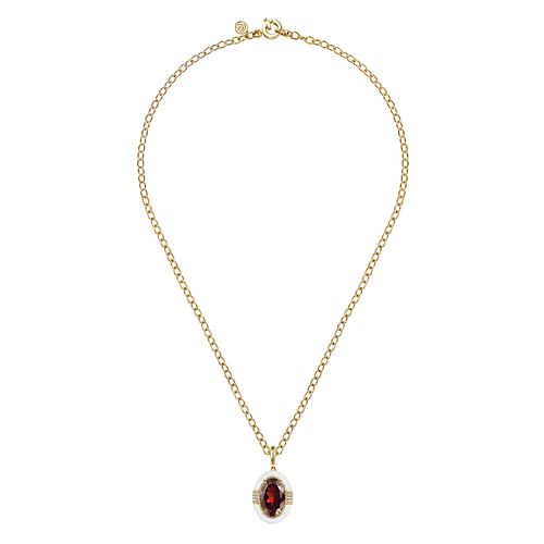 14K Yellow Gold Diamond and Garnet Emerald Cut Y-Layer Necklace With Flower Pattern J-Back and White Enamel