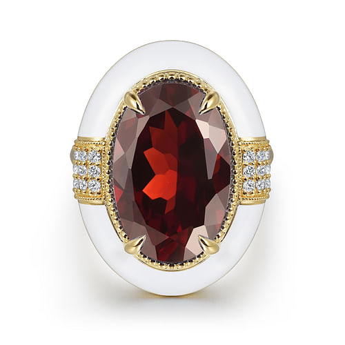 14K Yellow Gold Diamond and Garnet Fashion Ring With White Enamel