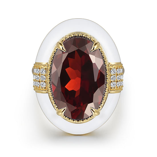 Gabriel - 14K Yellow Gold Diamond and Garnet Fashion Ring With White Enamel