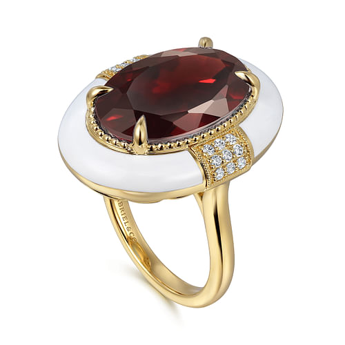 14K Yellow Gold Diamond and Garnet Fashion Ring With White Enamel