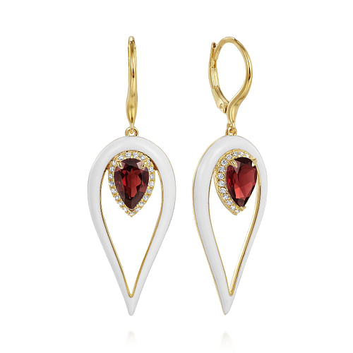 14K Yellow Gold Diamond and Garnet Long Pear Drop Earrings With White Enamel