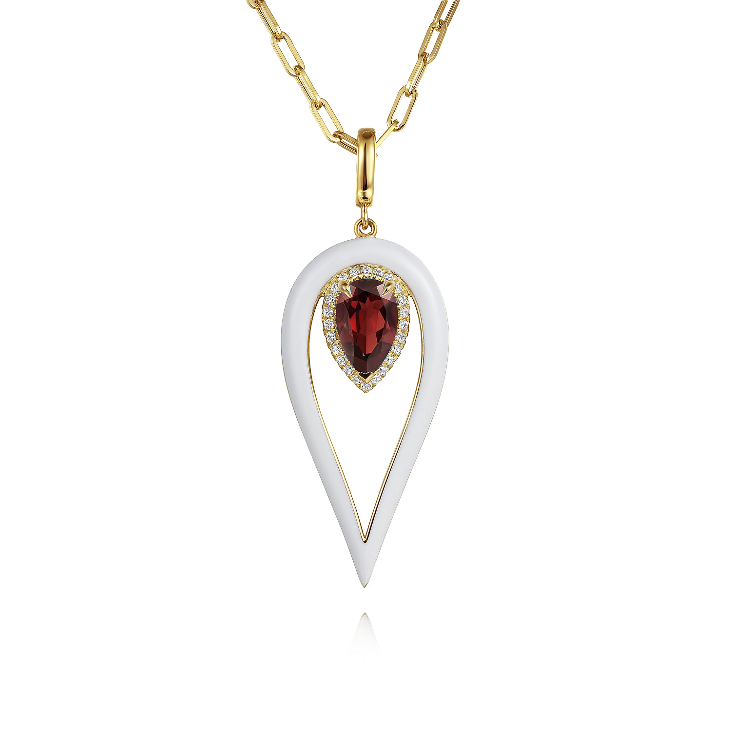 14K Yellow Gold Diamond and Garnet Long Pear Shape Drop Necklace With White Enamel