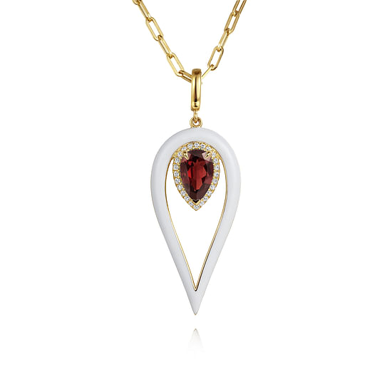 Gabriel - 14K Yellow Gold Diamond and Garnet Long Pear Shape Drop Necklace With White Enamel