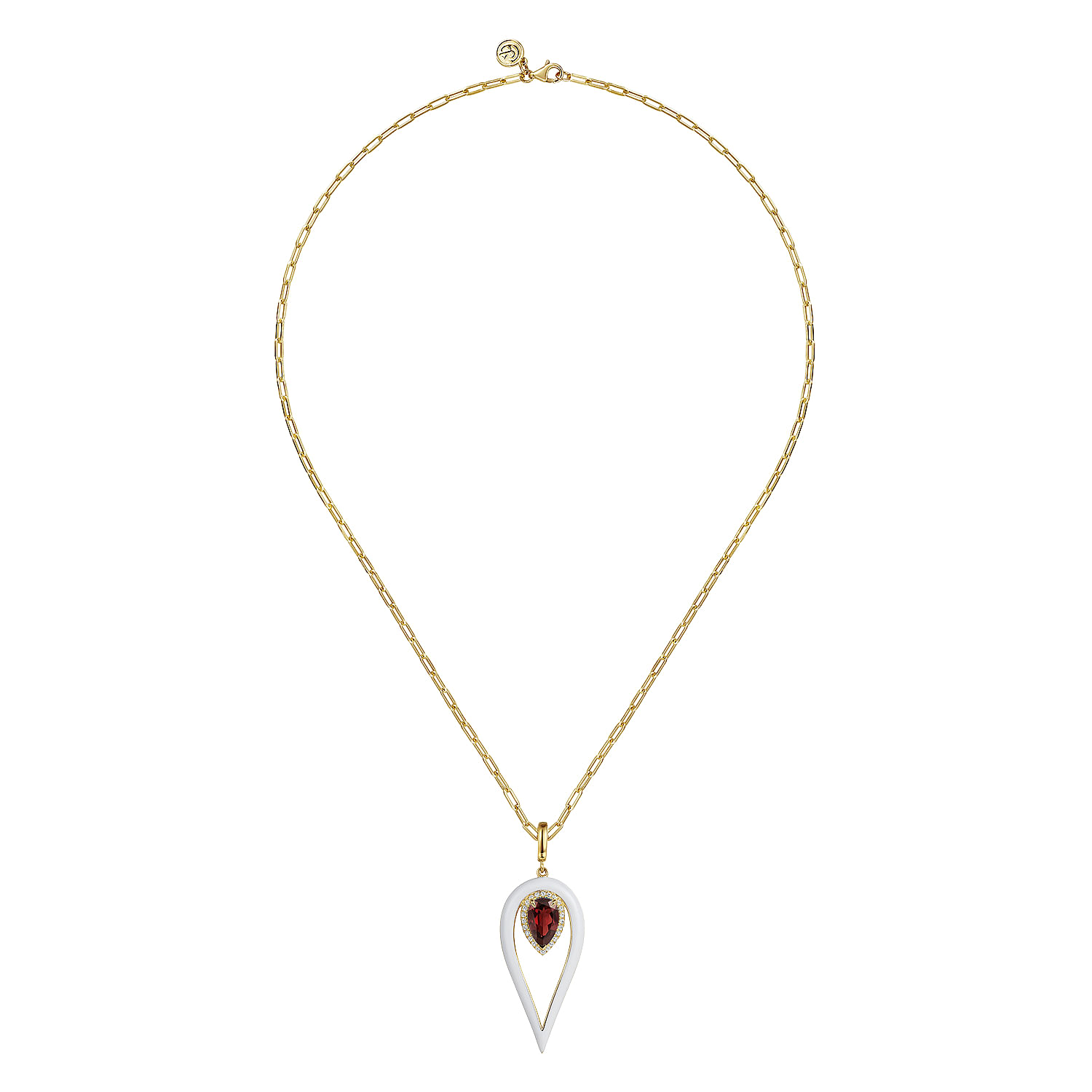 14K Yellow Gold Diamond and Garnet Long Pear Shape Drop Necklace With White Enamel