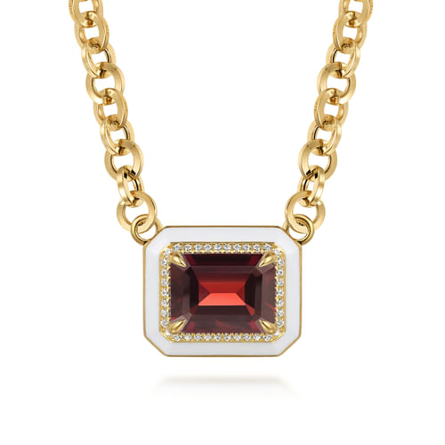 14K Yellow Gold Diamond and Garnet Necklace With Flower Pattern J-Back and White Enamel