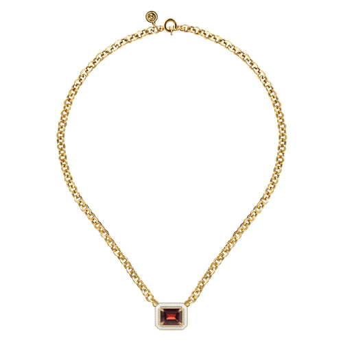 14K Yellow Gold Diamond and Garnet Necklace With Flower Pattern J-Back and White Enamel