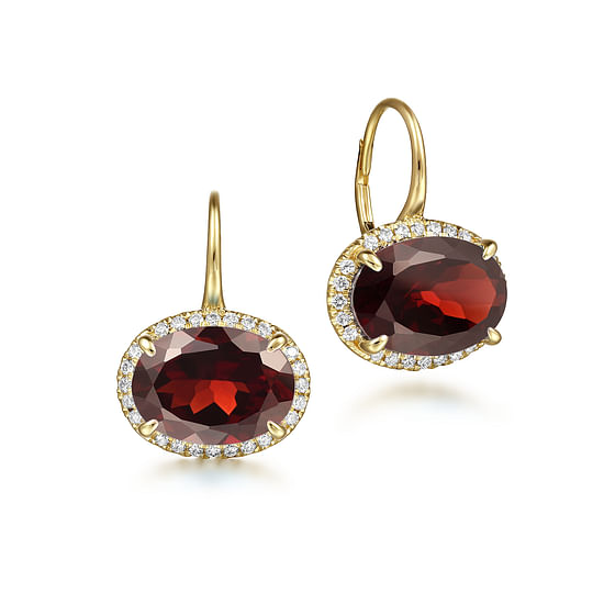 Gabriel - 14K Yellow Gold Diamond and Garnet Oval Shape Earrings With Flower Pattern J-Back