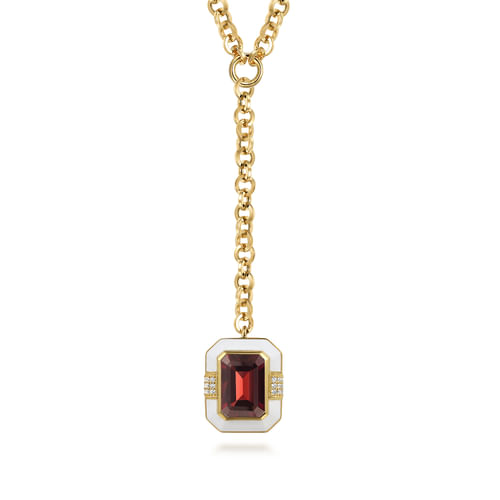 14K Yellow Gold Diamond and Garnet Y-Layer Necklace With Flower Pattern J-Back and White Enamel