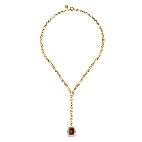 14K Yellow Gold Diamond and Garnet Y-Layer Necklace With Flower Pattern J-Back and White Enamel