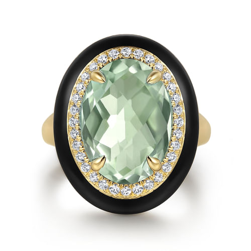 14K Yellow Gold Diamond and Green Amethyst Cocktail Ring with Black Enamel