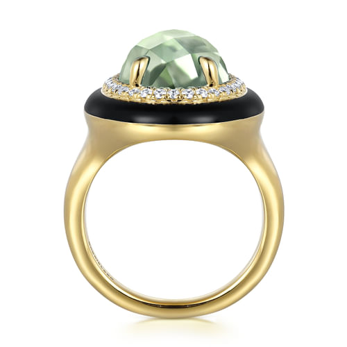 14K Yellow Gold Diamond and Green Amethyst Cocktail Ring with Black Enamel