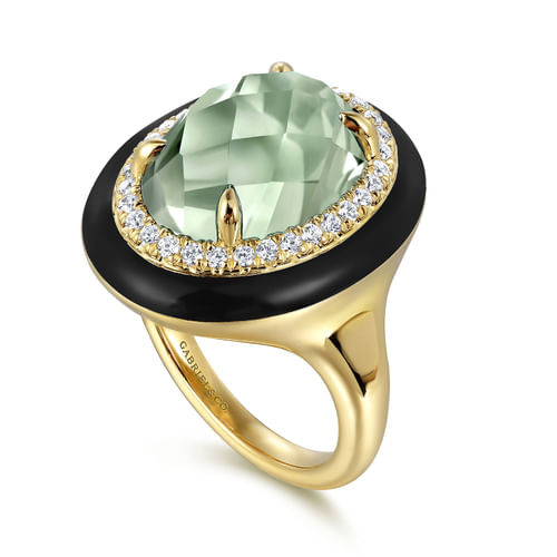 14K Yellow Gold Diamond and Green Amethyst Cocktail Ring with Black Enamel