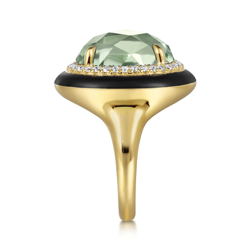 14K Yellow Gold Diamond and Green Amethyst Cocktail Ring with Black Enamel