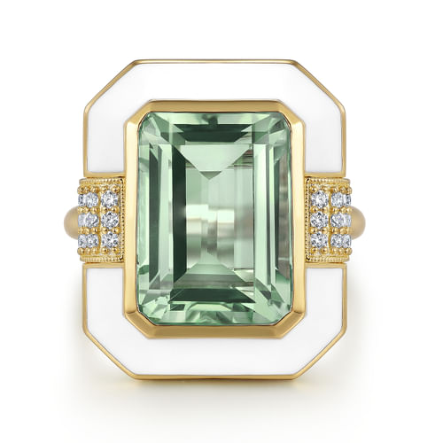 14K Yellow Gold Diamond and Green Amethyst Cocktail Ring with White Enamel