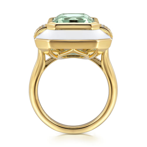 14K Yellow Gold Diamond and Green Amethyst Cocktail Ring with White Enamel