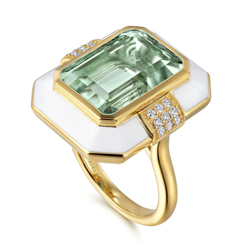 14K Yellow Gold Diamond and Green Amethyst Cocktail Ring with White Enamel