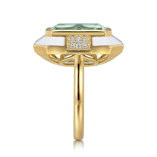 14K Yellow Gold Diamond and Green Amethyst Cocktail Ring with White Enamel