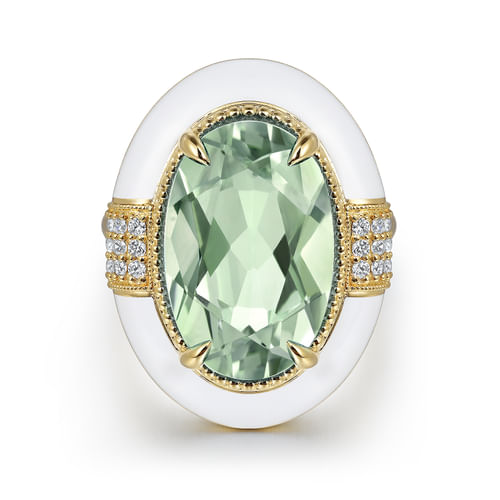 14K Yellow Gold Diamond and Green Amethyst Cocktail Ring with White Enamel