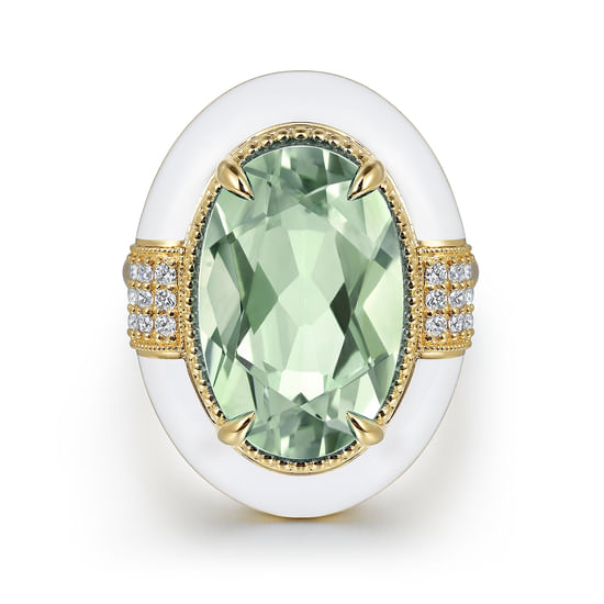 Gabriel - 14K Yellow Gold Diamond and Green Amethyst Cocktail Ring with White Enamel