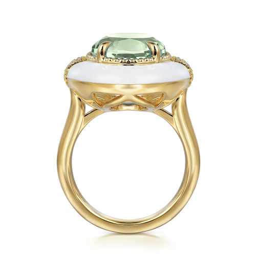 14K Yellow Gold Diamond and Green Amethyst Cocktail Ring with White Enamel