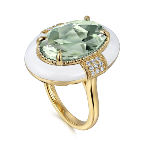 14K Yellow Gold Diamond and Green Amethyst Cocktail Ring with White Enamel