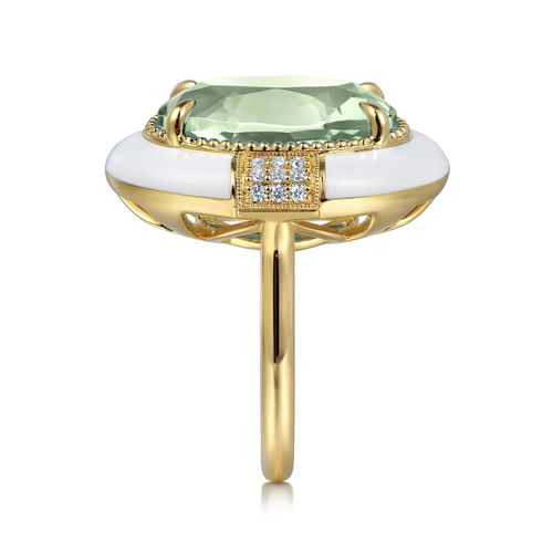 14K Yellow Gold Diamond and Green Amethyst Cocktail Ring with White Enamel