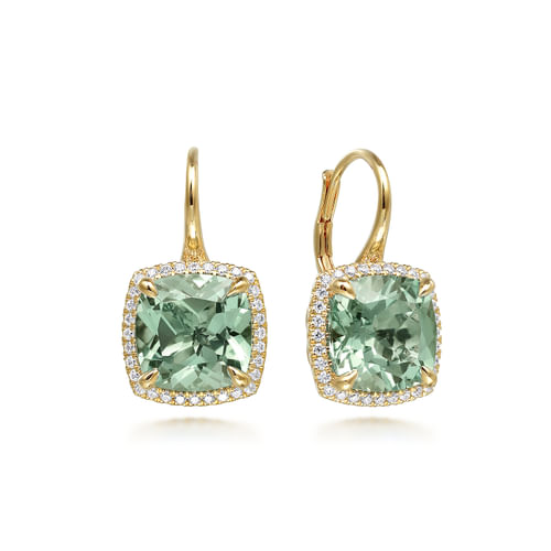 14K Yellow Gold Diamond and Green Amethyst Cushion Cut Earrings With Flower Pattern J-Back