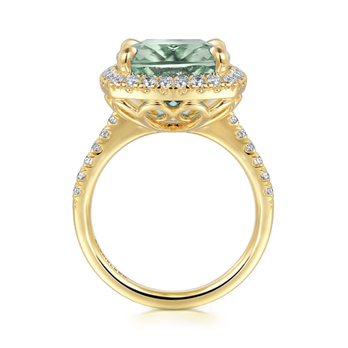 14K Yellow Gold Diamond and Green Amethyst Cushion Cut Ladies Ring With Flower Pattern Gallery