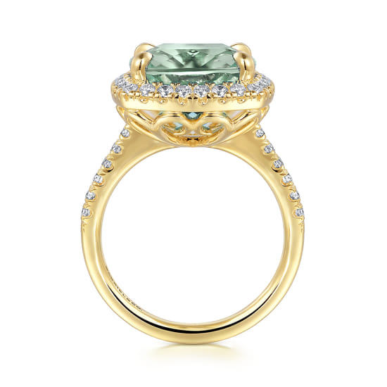 14K Yellow Gold Diamond and Green Amethyst Cushion Cut Ladies Ring With Flower Pattern Gallery angle 2 14K Yellow Gold Diamond and Green Amethyst Cushion Cut Ladies Ring With Flower Pattern Gallery angle 2