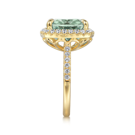 14K Yellow Gold Diamond and Green Amethyst Cushion Cut Ladies Ring With Flower Pattern Gallery angle 4 14K Yellow Gold Diamond and Green Amethyst Cushion Cut Ladies Ring With Flower Pattern Gallery angle 4