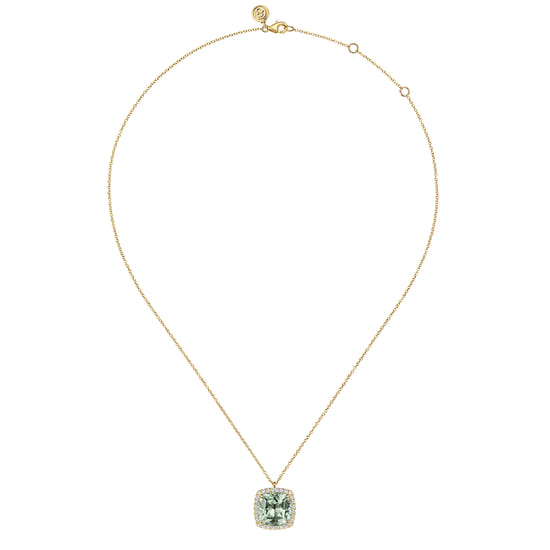 14K Yellow Gold Diamond and Green Amethyst Cushion Cut Necklace With Flower Pattern J-Back angle 2