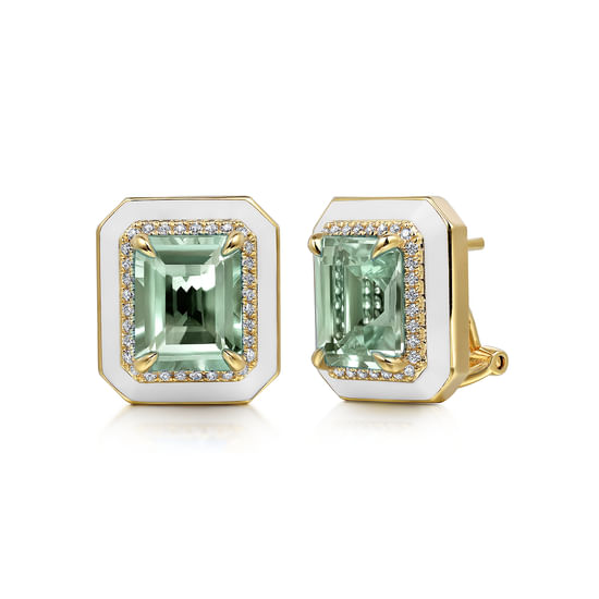 Gabriel - 14K Yellow Gold Diamond and Green Amethyst Earrings with White Enamel