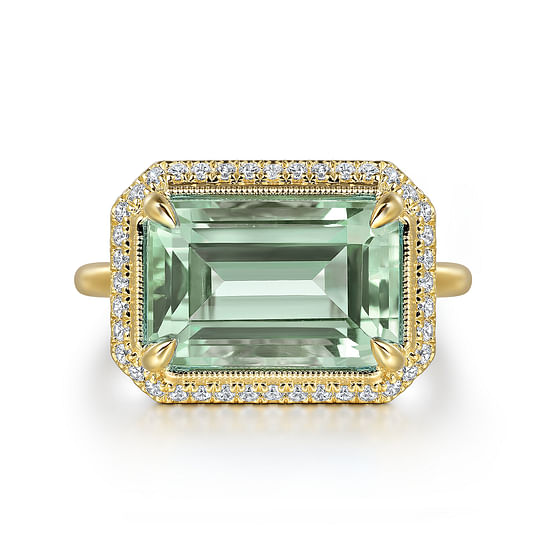 Gabriel - 14K Yellow Gold Diamond and Green Amethyst Emerald Cut Ladies Ring With Flower Pattern Gallery
