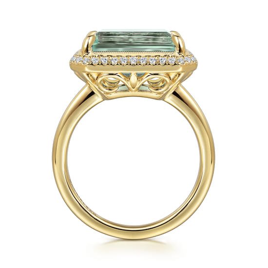 14K Yellow Gold Diamond and Green Amethyst Emerald Cut Ladies Ring With Flower Pattern Gallery angle 2