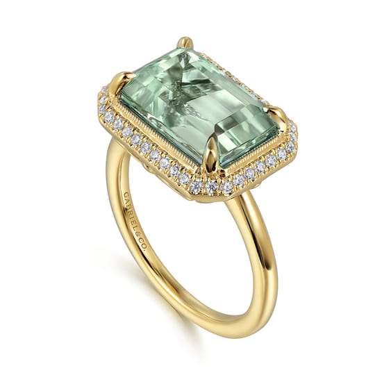 14K Yellow Gold Diamond and Green Amethyst Emerald Cut Ladies Ring With Flower Pattern Gallery angle 3