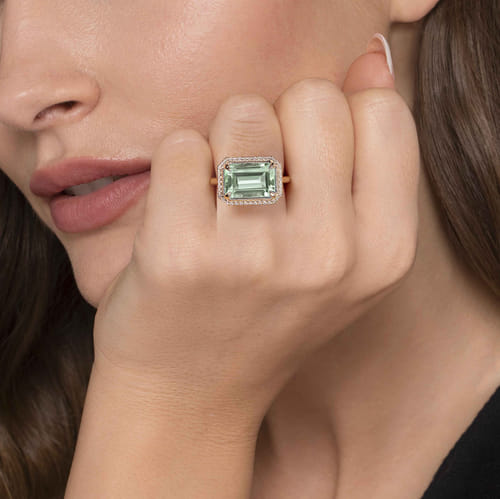 14K Yellow Gold Diamond and Green Amethyst Emerald Cut Ladies Ring With Flower Pattern Gallery