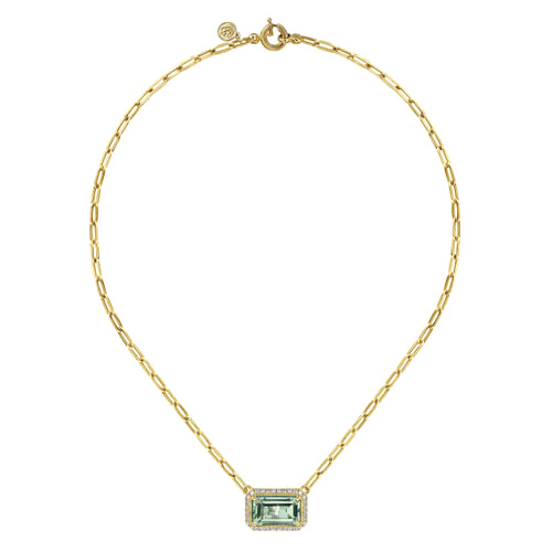 14K Yellow Gold Diamond and Green Amethyst Emerald Cut Necklace With Flower Pattern Gallery